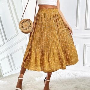 Mustard Polka Dot Pleated Midi Skirt - Women